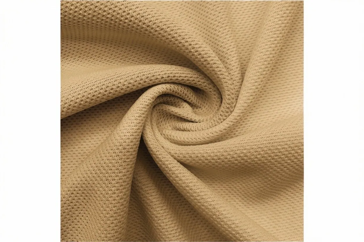 Double piqué knit fabric in warm camel cotton with dense honeycomb texture, manufactured at Apex Corporation knitwear factory in Karachi Pakistan